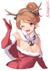 Rule 34 | 1girl, antlers, aquila (kancolle), arms at sides, bell, blush, breasts, brown eyes, cleavage, collarbone, contemporary, dress, ebifurya, elbow gloves, fur trim, gloves, hair ornament, hairclip, high ponytail, highres, horns, kantai collection, medium breasts, off-shoulder dress, off shoulder, one eye closed, open mouth, orange hair, red dress, red gloves, reindeer antlers, santa costume, short hair, simple background, smile, solo, twitter username, wavy hair, white background