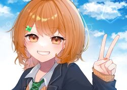 Rule 34 | 1girl, blazer, blush, brown eyes, character request, clover, clover hair ornament, commission, day, four-leaf clover, grin, hair ornament, hairclip, highres, indie virtual youtuber, jacket, long hair, long sleeves, looking at viewer, nail polish, nanana kaya, necktie, orange hair, original, school uniform, skeb commission, sky, sleeves past wrists, smile, solo, upper body, v, virtual youtuber