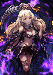 Rule 34 | 1girl, absurdres, armor, aura, bag, bikini, blonde hair, breasts, bridal gauntlets, cave, chain, cleavage, cloak, closed mouth, clothing cutout, collar, collarbone, cowboy shot, demon girl, head chain, highres, holding, holding skull, huge filesize, jewelry, kneehighs, lightning, md5 mismatch, medium breasts, midriff, navel, original, pointy ears, red eyes, resolution mismatch, scythe, shoulder cutout, sidelocks, single bridal gauntlet, skirt, skull, socks, solo, source smaller, stomach, strap, swimsuit, yohaku