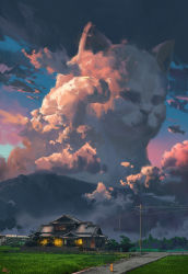 Rule 34 | cat, cloud, cloudy sky, commentary request, day, forest, grass, highres, house, ling xiang, nature, no humans, original, outdoors, power lines, road, scenery, signature, sky, town, tree, utility pole