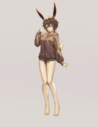 Rule 34 | 1girl, absurdres, animal ears, breasts, brown hair, brown hoodie, commission, corruption, full body, grey background, hand on own chest, highres, hood, hoodie, liquid, looking at viewer, medium breasts, original, rabbit ears, rabbit girl, rabbit tail, shen hai ichigo, short hair, solo, standing, tail, variant set, yellow eyes
