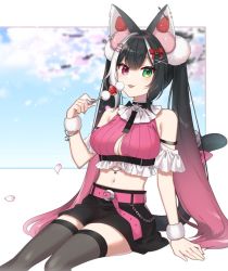 Rule 34 | 1girl, animal ears, black hair, black thighhighs, colored tips, commission, food, fruit, green eyes, hair ornament, hairclip, indie virtual youtuber, long hair, multicolored hair, pink eyes, pink hair, qiu yue (vtuber), skeb commission, solo, strawberry, tail, takeko spla, thighhighs, virtual youtuber, white hair, x hair ornament