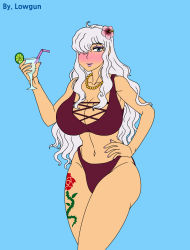 Rule 34 | 1girl, beach, bikini, blue eyes, breasts, charlotte smoothie, cleavage, curvy, food, fruit, glass, hair over one eye, highres, holding, jewelry, large breasts, lipstick, long hair, looking at viewer, makeup, navel, necklace, ocean, one piece, orange (fruit), sand, shiny skin, smile, solo, stomach, swimsuit, tattoo, thick thighs, thighs, wide hips