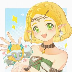 Rule 34 | 1girl, armlet, bracelet, braid, chinese commentary, circlet, commentary request, dragon, dress, earrings, highres, jewelry, light dragon (zelda), magatama, magatama necklace, medium hair, necklace, nintendo, open mouth, portrait, princess zelda, signature, smile, solo, sparkle, spoilers, strapless, strapless dress, the legend of zelda, the legend of zelda: tears of the kingdom, tube dress, yun (dl2n5c7kbh8ihcx)