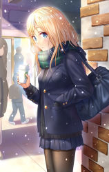 Rule 34 | 1girl, bag, black pantyhose, blonde hair, blue eyes, blue skirt, blush, coffee cup, cup, disposable cup, duffel bag, hand in pocket, highres, holding, holding cup, looking at viewer, medium hair, mintol (qool+), open mouth, original, pantyhose, skirt, solo, teeth
