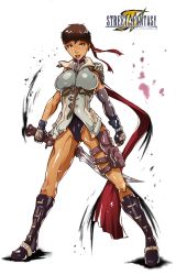Rule 34 | 1girl, ahoge, black hair, blue eyes, boots, breasts, bridal gauntlets, brown hair, capcom, cleavage, cosplay, covered erect nipples, detached sleeves, earrings, enix, final fantasy, final fantasy xiii, gloves, hand on own hip, headband, highres, hip focus, huge ahoge, huge breasts, jacket, jewelry, kasugano sakura, knee boots, large breasts, legs, lightning farron, lightning farron (cosplay), lips, nail polish, pouch, shiny skin, short hair, single sleeve, solo, street fighter, street fighter zero (series), sword, thigh pouch, thighhighs, tirnanogin industries, weapon, wide sleeves, yellow nails