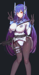 Rule 34 | 1girl, assault rifle, belt, between breasts, black background, black gloves, black pantyhose, blue hair, blunt ends, bow, bowtie, breasts, bullpup, chinese commentary, commentary request, contrapposto, cowboy shot, double v, emblem, girls&#039; frontline, gloves, gluteal fold, gradient hair, grin, gun, hands up, headgear, highleg, highleg leotard, highres, iwi tavor, iwi tavor, iwi tavor tar-21, jacket, knees, large breasts, leotard, long hair, looking at viewer, multicolored hair, one eye closed, orange eyes, pantyhose, pao mian+dan, purple hair, rifle, robot ears, shoulder strap, simple background, smile, solo, strap, strap between breasts, tar-21 (girls&#039; frontline), tavor tar-21, thigh strap, v, very long hair, waistcoat, weapon, white jacket