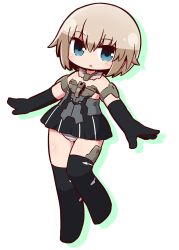Rule 34 | 1girl, :o, bare shoulders, black dress, black footwear, black gloves, black thighhighs, blue eyes, blush, boots, character request, chibi, colored shadow, commentary request, dress, drop shadow, elbow gloves, frame arms girl, full body, gloves, hair between eyes, highres, light brown hair, looking at viewer, naga u, panties, parted lips, shadow, short dress, solo, strapless, strapless dress, striped clothes, striped panties, thigh boots, thighhighs, underwear, white background