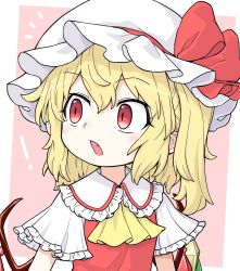 Rule 34 | !, 1girl, :o, ^^^, ascot, blonde hair, blush, border, bow, commentary request, crystal, fang, flandre scarlet, frilled shirt collar, frilled sleeves, frills, hair between eyes, hat, hat bow, hat ribbon, highres, looking to the side, mob cap, oninamako, open mouth, pink background, red bow, red eyes, red vest, ribbon, shirt, short sleeves, side ponytail, slit pupils, solo, surprised, touhou, upper body, vest, white border, white shirt, wide sleeves, wings, yellow ascot
