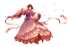 Rule 34 | 1girl, arm up, brown eyes, brown hair, cherry blossoms, closed mouth, demon girl, floating, floral print, flower, hair flower, hair ornament, highres, japanese clothes, kimono, long sleeves, looking to the side, obi, onmyoji, outstretched arms, petals, pink flower, pink kimono, red eyes, sakura (onmyoji), sash, short hair, simple background, smile, solo, spread arms, traditional youkai, white background, wide sleeves, yougenko