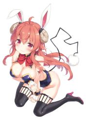 Rule 34 | 1girl, ahoge, animal ears, arm up, bare shoulders, black footwear, black thighhighs, blue leotard, blush, boots, breast hold, breasts, brown hair, cleavage, closed mouth, commentary request, curled horns, demon girl, demon horns, full body, hair between eyes, high heel boots, high heels, horns, kani biimu, large breasts, leotard, long hair, looking at viewer, machikado mazoku, rabbit ears, red eyes, simple background, sitting, solo, strapless, strapless leotard, tail, tears, thigh boots, thighhighs, very long hair, wariza, wavy mouth, white background, wrist cuffs, yoshida yuuko (machikado mazoku)