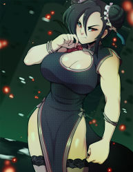 Rule 34 | 1girl, alternate hairstyle, black hair, bracelet, breasts, china dress, chinese clothes, cleavage cutout, clothing cutout, corsage, double bun, dress, embers, final fantasy, final fantasy vii, final fantasy vii remake, hair bun, hair ornament, highres, jewelry, large breasts, looking at viewer, official alternate costume, redrabbu, serious, sleeveless, sleeveless dress, solo, square enix, standing, thighhighs, tifa lockhart, tifa lockhart (sporty dress), v-shaped eyebrows, wall market, wiping face