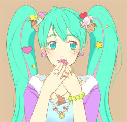 Rule 34 | 1girl, aqua eyes, aqua hair, bad id, bad pixiv id, bracelet, brown background, cake, cake slice, candy, cherry, cupcake, food, fruit, hatsune miku, heart, ice cream cone, jewelry, long hair, lowres, nail polish, necklace, pink nails, pori bukuro, ring, simple background, solo, star (symbol), strawberry, strawberry shortcake, twintails, very long hair, vocaloid