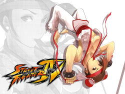 Rule 34 | 1girl, adapted costume, alternate costume, bare arms, bare shoulders, barefoot, bracelet, breasts, brown eyes, brown hair, bun cover, capcom, chun-li, cleavage, commentary request, cosplay, crossdressing, double bun, dougi, earrings, full body, greyscale, hair bun, headband, image background, jewelry, large breasts, logo, long hair, looking at viewer, monochrome, red headband, ryu (street fighter), ryu (street fighter) (cosplay), sash, simple background, solo, spiked bracelet, spikes, stealthmoves, street fighter, street fighter iv (series), upside-down, white background
