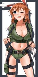 Rule 34 | 1girl, absurdres, animal ears, blue eyes, blush, breasts, brown hair, charlotte e. yeager, cleavage, collarbone, green shorts, groin, highres, hiroshi (hunter-of-kct), jacket, large breasts, long hair, looking at viewer, midriff, navel, one eye closed, open mouth, rabbit ears, rabbit girl, shadow, shorts, simple background, smile, solo, standing, strike witches, teeth, tongue, track jacket, upper teeth only, white background, world witches series