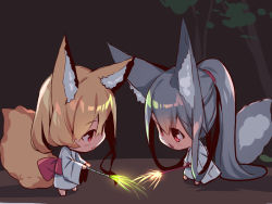 Rule 34 | 2girls, absurdly long hair, animal ear fluff, animal ears, barefoot, blonde hair, blush, chibi, closed mouth, fireworks, fox ears, fox girl, fox tail, hair between eyes, holding, japanese clothes, kimono, long hair, long sleeves, looking at another, multiple girls, night, obi, original, outdoors, parted lips, patch, red eyes, sash, silver hair, smile, sparkler, standing, tail, tail raised, tree, very long hair, white kimono, wide sleeves, yuuji (yukimimi)