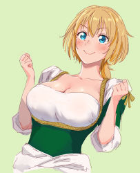 Rule 34 | &gt;:), 1girl, arte, arte (character), blonde hair, blue eyes, blush, breasts, cleavage, clenched hands, collarbone, cropped torso, dress, dutch angle, green background, hair between eyes, highres, large breasts, lips, renaissance clothes, short hair, short ponytail, sketch, smile, smug, solo, upper body, v-shaped eyebrows, wantacchi