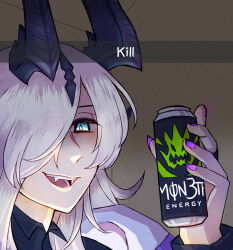 Rule 34 | 1girl, aqua eyes, arknights, artist name, black shirt, bright pupils, brown background, can, caption, ceiling, close-up, collared shirt, commentary, dim lighting, dragon girl, dragon horns, drink, eblana (arknights), energy drink, english commentary, english text, evil grin, evil smile, fangs, film grain, fingernails, from below, grey hair, grin, hair ornament, hair over one eye, hand up, hatching (texture), high collar, highres, holding, holding can, holding drink, horns, indoors, jacket, jewelry, light blush, linear hatching, long fingernails, long hair, long sleeves, looking at viewer, looking down, meme, monster energy, nail polish, off shoulder, one eye covered, open mouth, pale skin, parted bangs, portrait, purple nails, ring, shade, shaded face, shadow, sharp fingernails, shirt, sidelocks, sihzari, smile, snapchat kill guy (meme), solo, teeth, tongue, twitter username, wall, white jacket, white pupils, wing collar