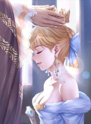 Rule 34 | 1boy, 1girl, absurdres, alternate costume, artoria pendragon (all), artoria pendragon (fate), bare shoulders, blonde hair, blue ribbon, blurry, blurry background, bow, braid, breasts, choker, cleavage, closed eyes, closed mouth, crown, dress, earrings, fate/grand order, fate (series), from side, fur trim, hair bow, highres, holding, holding crown, hua-j, instrument, jewelry, long sleeves, medium breasts, profile, purple bow, ribbon, saber (fate), short hair, smile