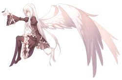 Rule 34 | 1girl, absurdres, black dress, black thighhighs, closed mouth, de da xianyu, dress, feathered wings, feathers, frills, from side, full body, hair between eyes, highres, juliet sleeves, long hair, long sleeves, original, outstretched arm, puffy sleeves, sidelocks, simple background, sitting, smile, solo, thighhighs, white background, white wings, wide sleeves, wings