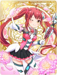 Rule 34 | 10s, battle girl high school, breasts, flower, gloves, hair ornament, hasumi urara, highres, long hair, looking at viewer, medium breasts, official art, one eye closed, petals, red hair, skirt, smile, solo, staff, thighhighs, twintails, weapon, yellow eyes