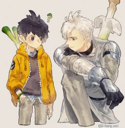 Rule 34 | 2boys, ?, armor, black hair, bracelet, creatures (company), cropped legs, evolutionary line, farfetch&#039;d, game freak, gen 1 pokemon, gen 8 pokemon, gloves, grey background, hand in pocket, highres, hood, hood down, humanization, jacket, jewelry, kneeling, leeis cool, looking at another, multicolored hair, multiple boys, nintendo, on one knee, open clothes, open jacket, personification, pokemon, shoulder armor, silver hair, simple background, sirfetch&#039;d, smile, spring onion, two-tone hair, weapon, weapon on back
