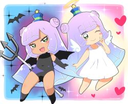 2girls :d ;) angel angel_and_devil bare_arms bare_shoulders black_leotard black_wings blue_hair blush_stickers commentary_request covered_navel detached_wings double_bun dress dual_persona fang gradient_hair green_eyes hair_bun halo hand_up hat heart hiro_hiroki holding leotard mini_hat mini_wings multicolored_hair multiple_girls no_shoes one_eye_closed open_mouth polearm puniru_(puniru_wa_kawaii_slime) puniru_wa_kawaii_slime purple_hair shoes sleeveless sleeveless_dress smile socks sparkle star_(symbol) trident v weapon white_dress white_footwear white_wings wings