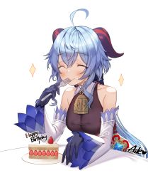 Rule 34 | 1girl, ahoge, aile (crossroads), bare shoulders, bell, black bodysuit, black gloves, blue hair, blush, bodysuit, breasts, cake, cake slice, cleavage, closed eyes, closed mouth, collarbone, detached sleeves, food, food on face, fork, fruit, ganyu (genshin impact), genshin impact, gloves, hair between eyes, happy birthday, highres, holding, holding fork, horns, long hair, long sleeves, medium breasts, neck bell, simple background, sleeves past wrists, smile, solo, sparkle, strawberry, utensil in mouth, very long hair, white background, white sleeves, wide sleeves