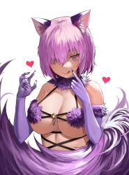 Rule 34 | 1girl, :q, absurdres, animal ear fluff, animal ears, black nails, breasts, c2h6o, claws, commentary request, fate/grand order, fate (series), fingernails, fur trim, gloves, hair over one eye, halloween costume, heart, highres, large breasts, looking at viewer, mash kyrielight, mash kyrielight (dangerous beast), nail polish, o-ring, o-ring top, official alternate costume, pink eyes, pink hair, purple gloves, revealing clothes, simple background, slit pupils, smile, solo, tail, tongue, tongue out, upper body, white background, wolf ears, wolf tail