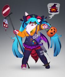Rule 34 | 1girl, :3, ahoge, animal ears, animal hands, animal nose, anklet, arm up, armlet, blue hair, blue hat, blue overalls, blue ribbon, blue thighhighs, body fur, bow, breasts, candy, claws, demon wings, fangs, female focus, food, fox ears, fox girl, fox tail, full body, furry, furry female, garter straps, gradient background, green eyes, grey background, hair ribbon, halloween, halloween bucket, hand up, happy, hat, heterochromia, holding, intravenous drip, jewelry, juice, legs apart, lollipop, long hair, long sleeves, looking to the side, low wings, medium breasts, miniskirt, multicolored hair, neck fur, nurse cap, open mouth, original, outstretched arm, overalls, oversized object, paw print, pawpads, pink footwear, pleated skirt, purple bow, purple skirt, purple wings, red eyes, red fur, ribbon, road sign, shoes, sidelocks, sign, simple background, single shoe, single wing, skirt, smile, solo, speech bubble, standing, star-shaped pupils, star (symbol), streaked hair, symbol-shaped pupils, tail, test tube, thighhighs, tomato juice, torn clothes, torn thighhighs, twintails, two-tone fur, two-tone hair, uyu (soda uyu), very long hair, whiskers, white fur, wings