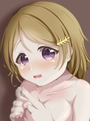 Rule 34 | 1girl, artist name, artist request, bare shoulders, blush, breasts, brown background, brown hair, close-up, collarbone, female focus, hair between eyes, hair ornament, hairclip, highres, koizumi hanayo, looking at viewer, love live!, love live! school idol project, medium breasts, nail, nail polish, nervous, nervous smile, okuraba (okuraburst0804), okuraburst0804, parted lips, pink nails, pink nails, purple eyes, short hair, smile, solo, upper body