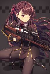 Rule 34 | 1girl, bipod, black pantyhose, black skirt, blazer, braid, breasts, bullpup, closed mouth, collared shirt, framed breasts, french braid, girls&#039; frontline, gloves, gun, hair ribbon, half updo, high-waist skirt, holding, holding gun, holding weapon, jacket, kim bae-eo, large breasts, long hair, looking afar, necktie, on one knee, one side up, pantyhose, pelvic curtain, purple hair, red eyes, red necktie, red ribbon, ribbon, rifle, shirt, signature, simple background, skirt, sniper rifle, solo, squatting, strap, striped clothes, striped shirt, thighband pantyhose, trigger discipline, very long hair, wa2000 (girls&#039; frontline), walther, walther wa 2000, weapon, white shirt