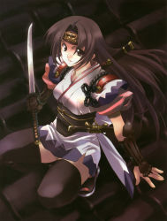 Rule 34 | 1girl, brown eyes, brown hair, highres, long hair, matsumoto noriyuki, ninja, solo, sword, thighhighs, weapon