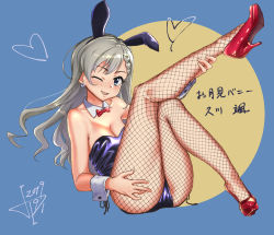Rule 34 | 1girl, animal ears, black leotard, blue background, blue eyes, bow, bowtie, braid, braided bangs, breasts, circle, commentary request, dated, detached collar, fake animal ears, fishnet pantyhose, fishnets, full body, grey hair, high heels, highres, hisakawa hayate, idolmaster, idolmaster cinderella girls, jun piro, leg up, leotard, long hair, looking at viewer, medium breasts, one eye closed, pantyhose, playboy bunny, rabbit ears, rabbit girl, rabbit tail, red bow, red bowtie, red footwear, shiny clothes, signature, sitting, smile, solo, strapless, strapless leotard, tail, translation request, tsukimi, wrist cuffs
