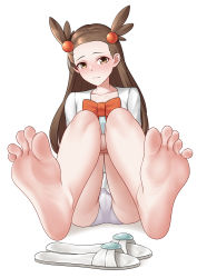 Rule 34 | 1girl, absurdres, barefoot, blush, bow, brown hair, cameltoe, closed mouth, collarbone, commentary request, commission, creatures (company), feet, frown, full body, game freak, grey panties, hair bobbles, hair ornament, highres, jasmine (pokemon), leg hold, long hair, looking at viewer, nintendo, oirin, orange bow, panties, pixiv commission, pokemon, pokemon hgss, sandals, simple background, soles, solo, toes, two side up, underwear, unworn sandals, white background, yellow eyes