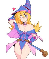 Rule 34 | 1girl, ;), arm behind head, arm up, artist name, bare shoulders, blonde hair, blue hat, blush stickers, bracer, breasts, collarbone, commentary, dark magician girl, green eyes, groin, hair between eyes, hat, highres, long hair, looking at viewer, medium breasts, no panties, one eye closed, pelvic curtain, pentacle, rob ishi, simple background, smile, solo, staff, white background, yu-gi-oh!