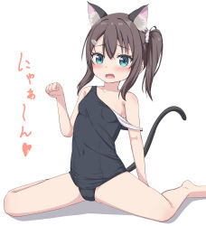 Rule 34 | 1girl, absurdres, animal ears, bare arms, bare shoulders, barefoot, black one-piece swimsuit, blue eyes, breasts, brown hair, cat ears, cat girl, cat tail, commentary request, covered navel, hair between eyes, hair ornament, hairclip, hand up, highres, old school swimsuit, one-piece swimsuit, original, paw pose, school swimsuit, shadow, side ponytail, sidelocks, simple background, sitting, small breasts, solo, strap slip, swimsuit, tail, takasuma hiro, translation request, wariza, white background