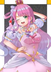 Rule 34 | 1girl, absurdres, blush, commentary request, dress, earrings, hair rings, heart, highres, himemori luna, himemori luna (1st costume), hololive, jewelry, long hair, looking at viewer, one eye closed, open mouth, pink hair, solo, virtual youtuber