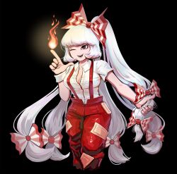 Rule 34 | 1girl, absurdres, baggy pants, black background, bow, breasts, buttons, cleavage, collared shirt, datrashland, fire, fujiwara no mokou, hair bow, highres, long hair, medium breasts, one eye closed, pants, red eyes, red pants, shirt, short sleeves, sidelocks, smile, solo, suspenders, touhou, very long hair, white bow, white hair, white shirt, wrist cuffs