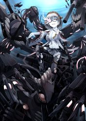 Rule 34 | 10s, 1girl, abyssal ship, black hair, breasts, dark persona, detached sleeves, glasses, glowing, glowing eye, hairband, highres, japanese clothes, kantai collection, kirishima (kancolle), nontraditional miko, ogawa-syou, ogawa shou, personification, red eyes, short hair, solo, thighhighs, torn clothes
