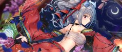 Rule 34 | 1girl, bare shoulders, blurry, bow, breasts, choker, cloud, crescent moon, depth of field, detached sleeves, dutch angle, floral print, flower, frills, grey hair, hair bow, hair flower, hair ornament, hand fan, highres, holding, idolmaster, idolmaster cinderella girls, kanzaki ranko, kanzashi, kuria (clear trip second), large breasts, long hair, long sleeves, looking at viewer, looking back, miniskirt, moon, night, night sky, outdoors, outstretched arms, parted lips, petals, red eyes, red skirt, rose, sarashi, sidelocks, skirt, sky, solo, twintails, wide sleeves