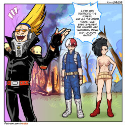 Rule 34 | 1girl, 2boys, aftersex, black hair, blue eyes, blush, boku no hero academia, breasts, english text, forest, gauntlets, large breasts, multiple boys, nature, nipples, nude, present mic, red footwear, red hair, redjet, speech bubble, todoroki shouto, white hair, yaoyorozu momo