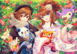 Rule 34 | 10s, 1boy, 1girl, 2016, :d, aipom, alternate costume, animal, black hat, blue eyes, blush stickers, breath, brown hair, camellia, character doll, copyright name, creatures (company), darumaka, ema, fang, flabebe, flabebe (red flower), floral print, flower, freckles, fur collar, game freak, gen 2 pokemon, gen 5 pokemon, gen 6 pokemon, grin, hair between eyes, hair flower, hair ornament, hairclip, haori, hat, hilbert (pokemon), hilda (pokemon), holding, holding animal, japanese clothes, kimono, kinchaku, lace, long hair, looking at viewer, looking to the side, n (pokemon), new year, nintendo, no headwear, obi, one eye closed, open mouth, oshawott, poke ball print, pokemon, pokemon (creature), pokemon bw, pom pom (clothes), ponytail, pouch, red flower, runny nose, sash, scarf, shawl, sleeves past wrists, smile, snivy, snot, starter pokemon trio, tepig, upper body, welchino, wide sleeves