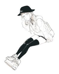Rule 34 | 1girl, backpack, bag, closed mouth, commentary, dagashi kashi, ear piercing, earrings, endou saya, greyscale, hair ornament, hairclip, hat, highres, jewelry, kotoyama, long hair, looking at viewer, monochrome, nike (company), piercing, sanpaku, shoes, simple background, skirt, sneakers, solo, sweater, thighhighs, v, white background