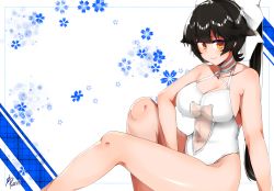 Rule 34 | 1girl, absurdres, azur lane, black hair, bow, breasts, casual one-piece swimsuit, chiru (218mg), choker, clothing cutout, commentary request, criss-cross halter, feet out of frame, hair bow, hair flaps, halterneck, highres, large breasts, long hair, looking at viewer, navel cutout, official alternate costume, one-piece swimsuit, orange eyes, ponytail, sitting, solo, swimsuit, takao (azur lane), takao (beach rhapsody) (azur lane), white bow, white choker, white one-piece swimsuit