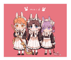 Rule 34 | 1boy, 2girls, alternate costume, animal ears, apron, blush, bow, bowtie, broom, bucket, chibi, commentary, crossdressing, dress, emiya shirou, enmaided, extra ears, fate/stay night, fate (series), full body, highres, holding, holding broom, holding bucket, holding hands, kamo 0707, looking at viewer, maid, maid headdress, matou sakura, multiple girls, pinafore dress, rabbit ears, simple background, sleeveless dress, symbol-only commentary, tohsaka rin, twintails, white apron, white bow, white bowtie