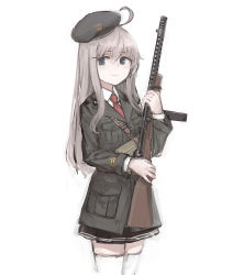 Rule 34 | 1girl, ahoge, belt, beretta model 38, beretta model 38 (girls&#039; frontline), black skirt, blue eyes, brown hair, closed mouth, cowboy shot, cropped legs, flower, girls&#039; frontline, green hat, green jacket, hair flower, hair ornament, hairclip, hat, highres, holding, holding weapon, jacket, long hair, long sleeves, looking at viewer, military, military uniform, miniskirt, necktie, rampart1028, red necktie, simple background, skirt, solo, thighhighs, uniform, weapon, white background, white thighhighs