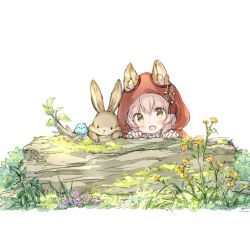 Rule 34 | 1girl, :d, animal, animal ear fluff, animal ears, bird, bluebird, blush, brown eyes, capelet, commentary request, ears through headwear, fang, flower, grass, hair between eyes, hands up, hood, hood up, hooded capelet, log, looking at viewer, moss, open mouth, original, pink hair, purple flower, rabbit, red capelet, smile, solo, wataame27, white background, wolf-chan (wataame27), wolf ears, yellow flower