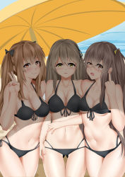 Rule 34 | 3girls, absurdres, angry, bad id, bad pixiv id, beach umbrella, bikini, black bikini, blonde hair, blush, bow, breasts, brown hair, cleavage, collarbone, cowboy shot, day, girls&#039; frontline, gluteal fold, grey hair, hair bow, hairband, highres, kong lang (skywave), large breasts, long hair, looking at viewer, medium breasts, middle finger, multiple girls, nail polish, navel, nervous smile, nose blush, open mouth, outdoors, parted lips, pink nails, red eyes, scar, scar across eye, scar on face, siblings, sisters, skindentation, smile, swimsuit, thigh gap, triplets, twins, twintails, two side up, umbrella, ump40 (girls&#039; frontline), ump45 (girls&#039; frontline), ump9 (girls&#039; frontline), v, very long hair, yellow eyes