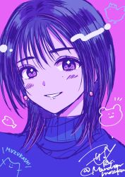 Rule 34 | 1girl, blush, choppy bangs, commentary request, earrings, highres, jewelry, looking at viewer, medium hair, ookuma wakana, open mouth, portrait, purple theme, real life, ric. (marchen mozuku), signature, smile, solo, sweater, turtleneck, turtleneck sweater, twitter username, voice actor